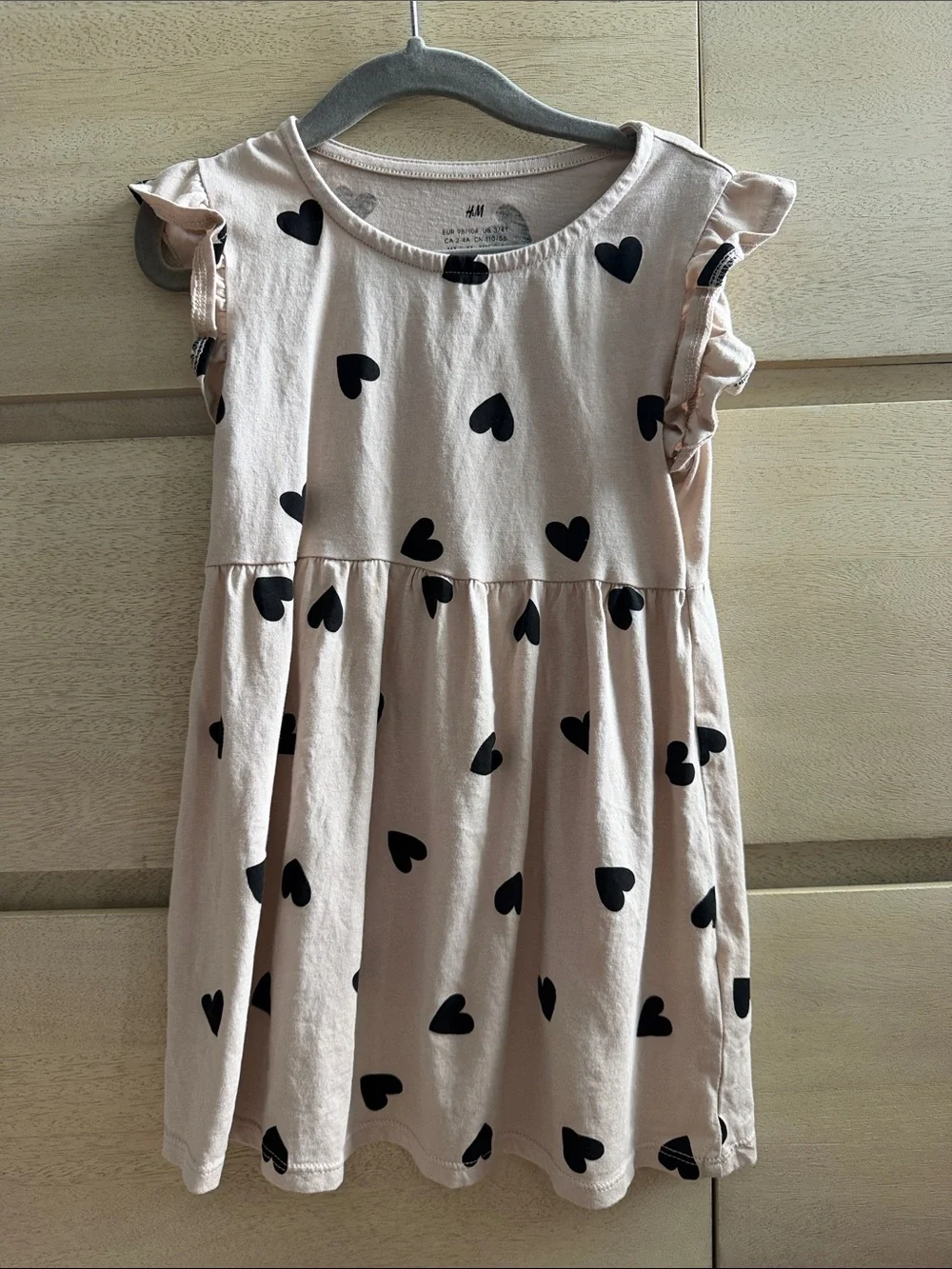 H&M Dress with Black Heart Print and Ruffle Sleeves